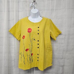 NWT Cellabie Yellow Red Poppy Blouse Boho Artsy L